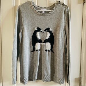 Charter Club Gray Fuzzy Black & White Penguins Button Shoulder Sweater | Large